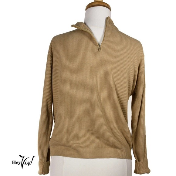 Vintage Tan Mock Turtle Neck Ribbed Sweater Top Deadstock 1970s Size L - Hey Viv - Picture 3 of 5